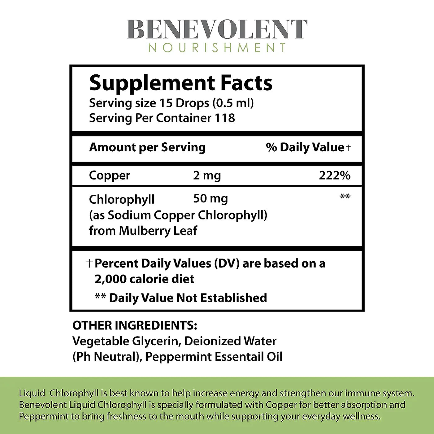 Benevolent Chlorophyll Liquid Drops – Chlorophyll Drops for Detox, Immune & Gut Support